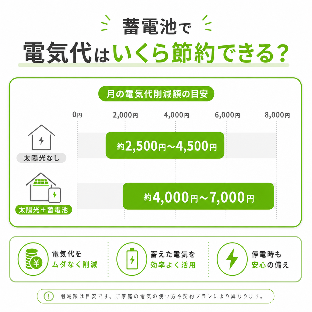 蓄電池で電気代はいくら節約できる？削減の仕組みと金額の目安のアイキャッチ画像