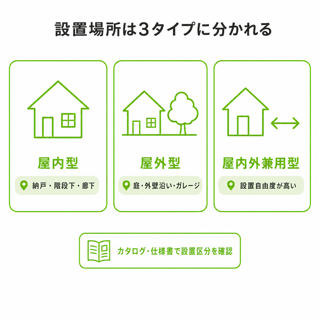 蓄電池の設置場所は屋内型・屋外型・屋内外兼用型の3タイプに分かれるのイメージ画像