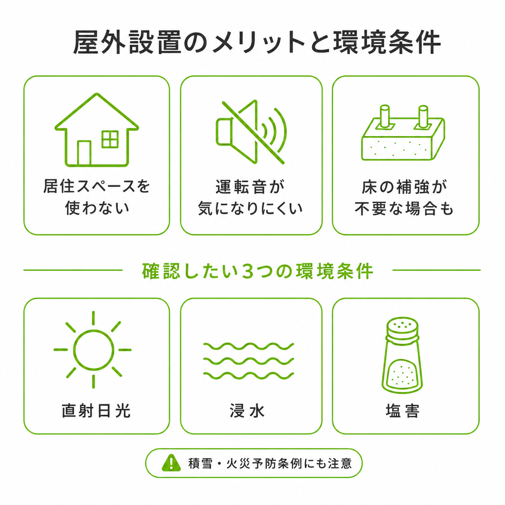 屋外設置のメリットと環境条件のイメージ画像