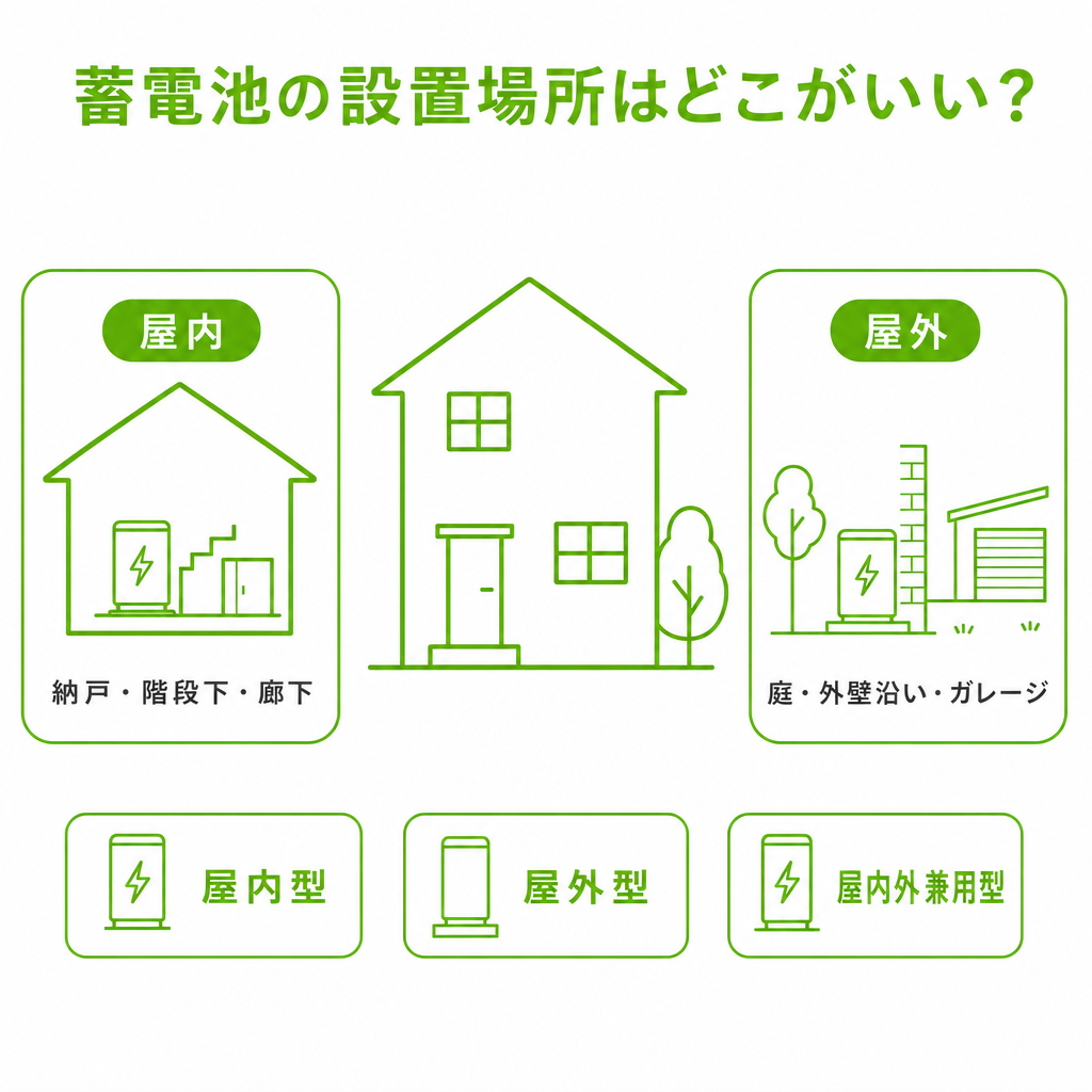 家庭用蓄電池の設置場所はどこがいい？屋内・屋外の選び方と設置条件を解説のアイキャッチ画像