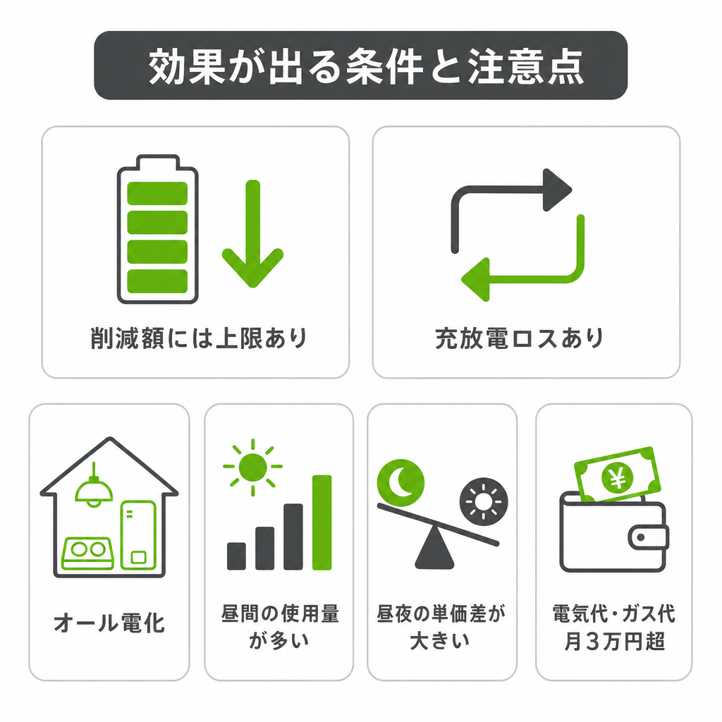 蓄電池単体の注意点と「効果が出る条件」のイメージ画像