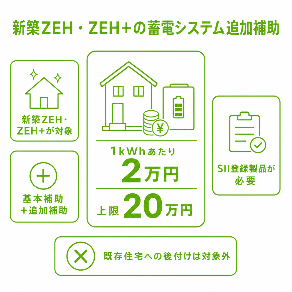 新築のZEH・ZEH+で受けられる蓄電システムの追加補助のイメージ画像