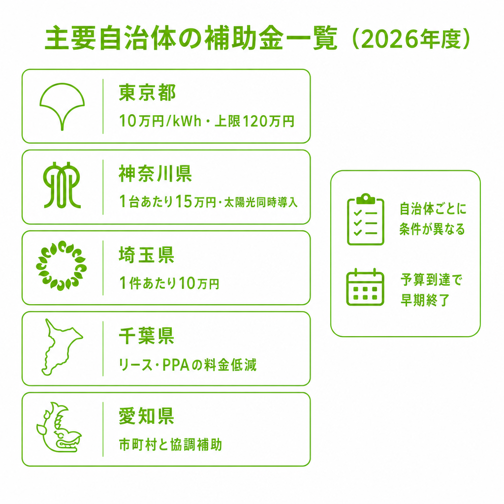 主要自治体の2026年度補助金一覧（東京・神奈川・埼玉・千葉・愛知）のイメージ画像
