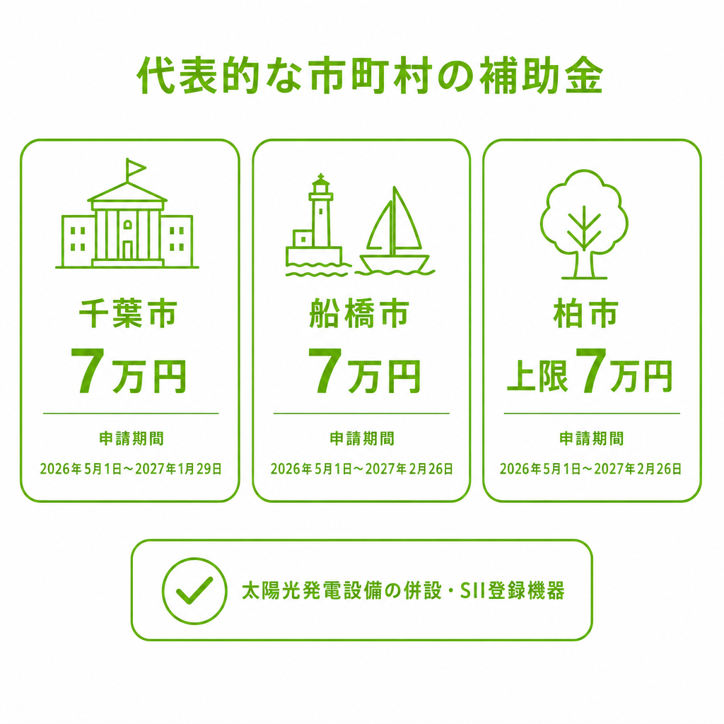 代表的な市町村の補助金（千葉市・船橋市・柏市）のイメージ画像