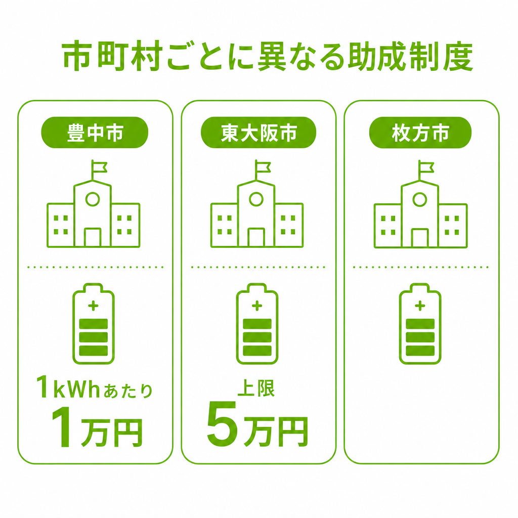 市町村ごとに異なる助成制度（豊中市・東大阪市・枚方市）のイメージ画像