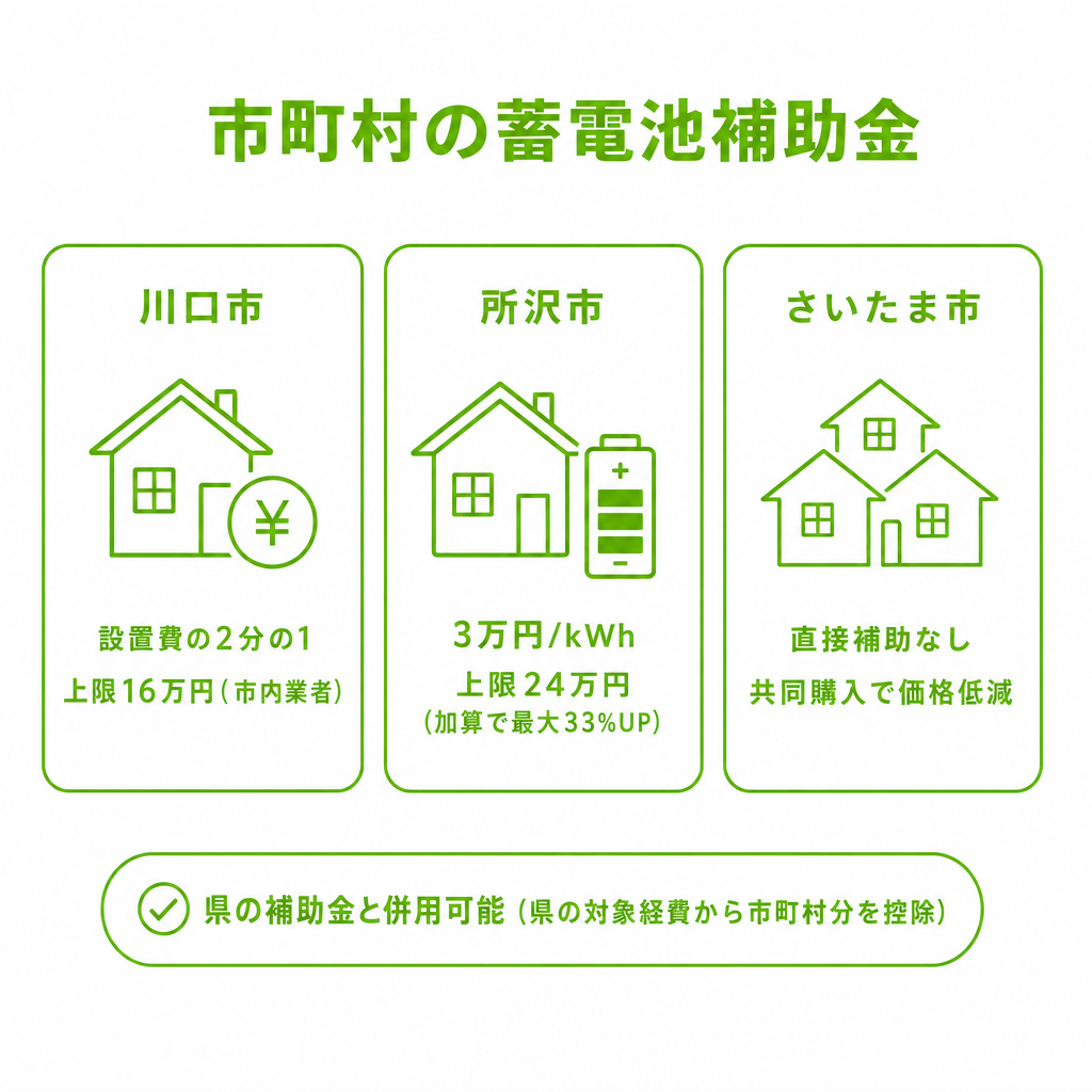 市町村の蓄電池補助金（川口市・所沢市・さいたま市）のイメージ画像