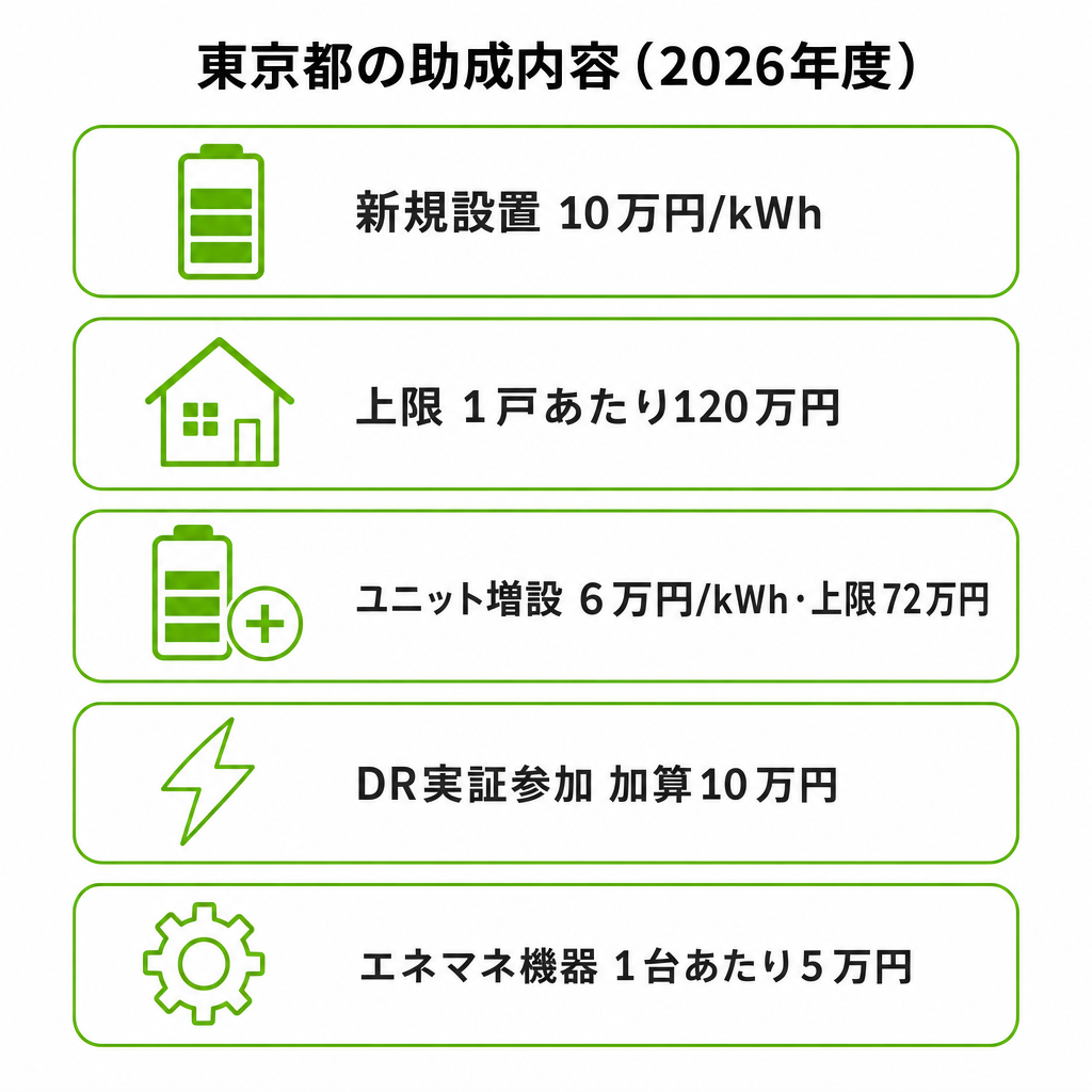 東京都の蓄電池補助金（2026年度）の助成内容のイメージ画像