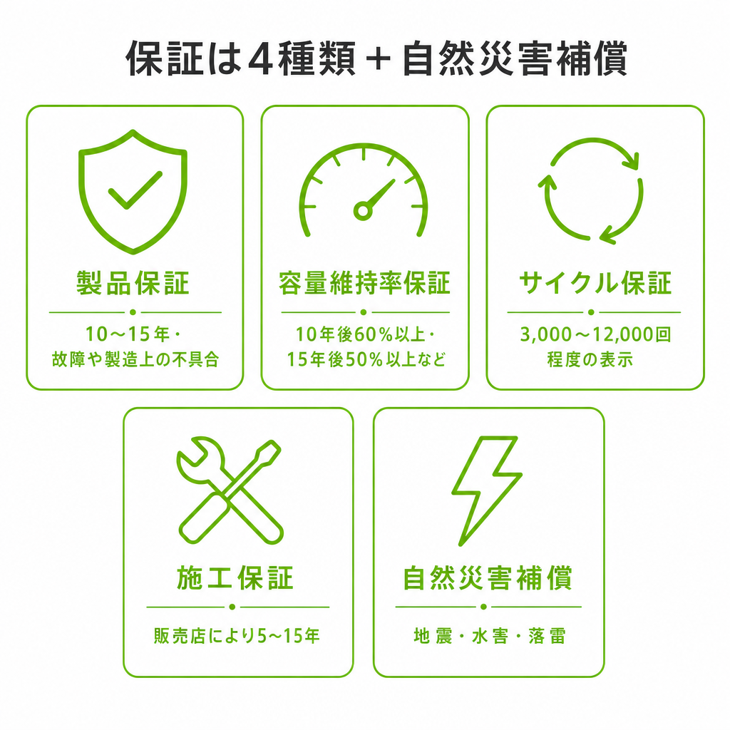 家庭用蓄電池の保証は「4種類」と自然災害補償で構成されるのイメージ画像