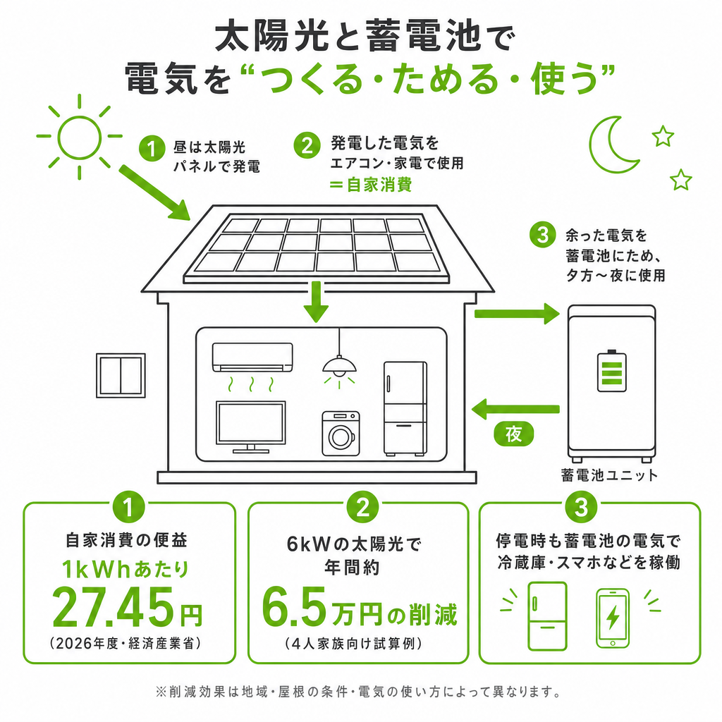 太陽光発電と蓄電池で電気をまかなう家のイメージ画像