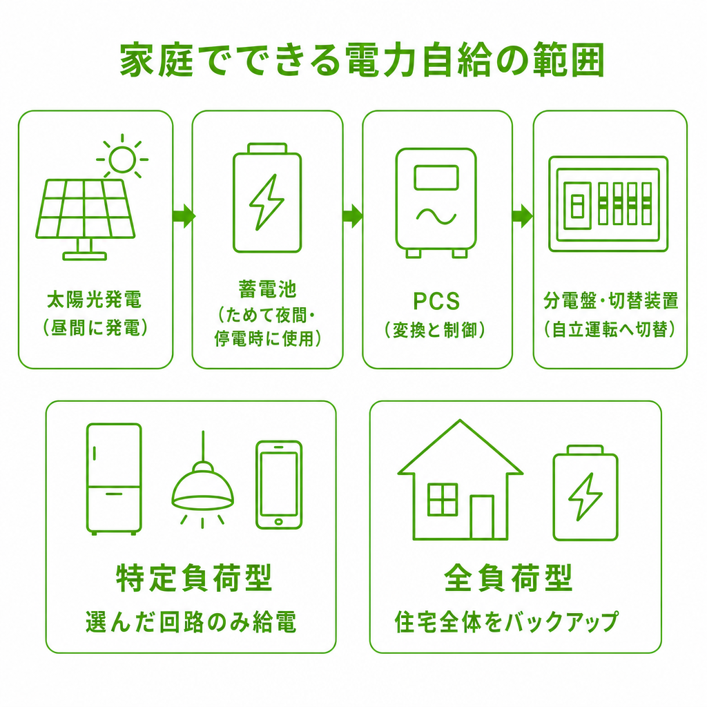 家庭でできる電力自給の範囲（太陽光＋蓄電池の組み合わせ）のイメージ画像