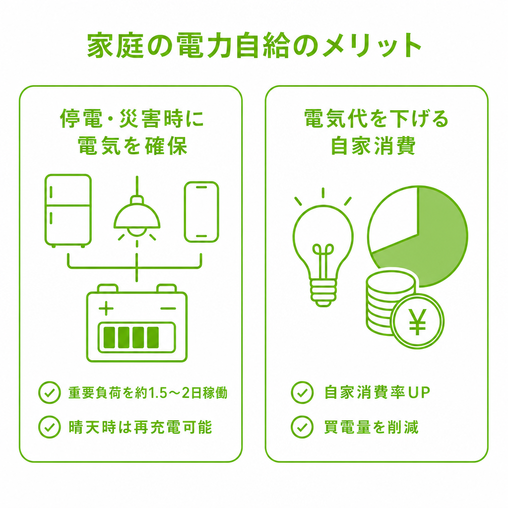 家庭の電力自給のメリット（停電時自立・電気代）のイメージ画像