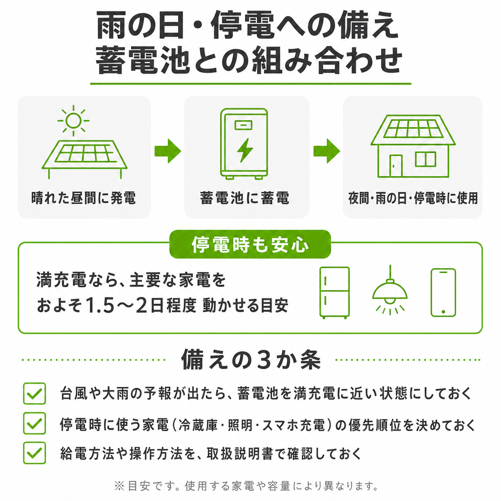 晴れた日に発電した電気を蓄電池にためて雨の日や夜に使うイメージ画像