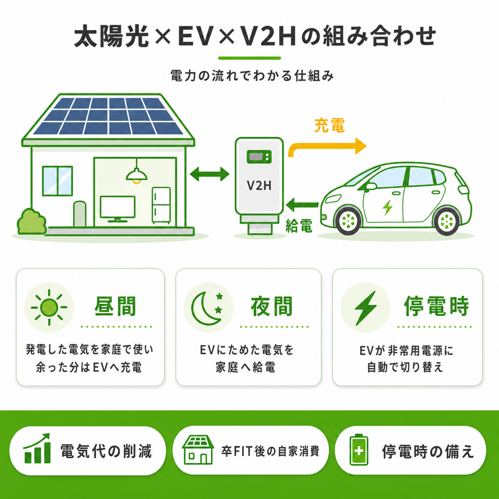 太陽光発電とV2Hの組み合わせとは？メリット・費用・導入の流れを解説のアイキャッチ画像