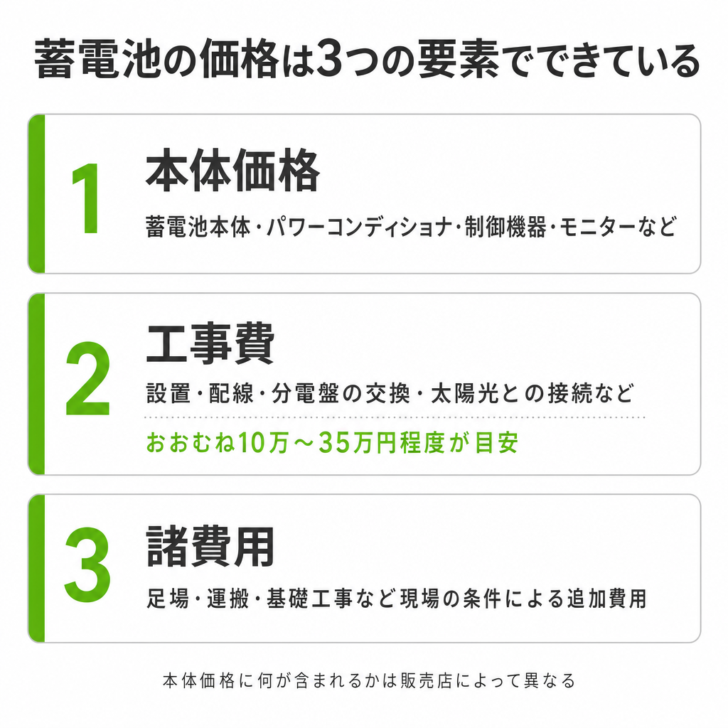 家庭用蓄電池の価格の内訳（本体・工事費・諸費用）のイメージ画像