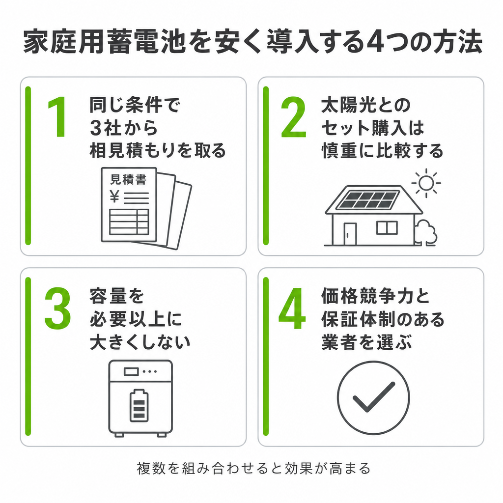 家庭用蓄電池を安く導入する4つの方法のイメージ画像