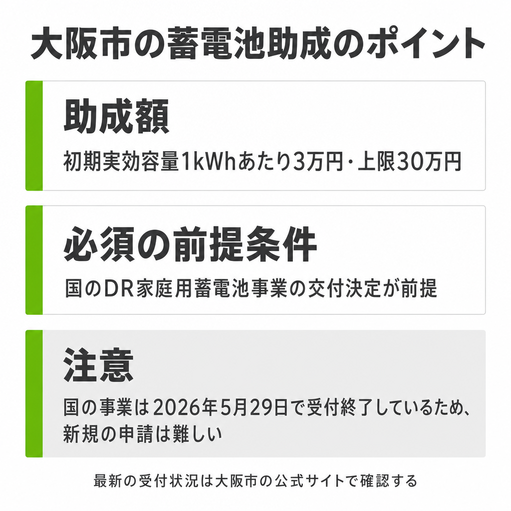 大阪市の助成金は1kWhあたり3万円・上限30万円のイメージ画像