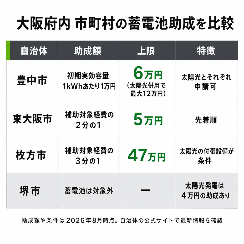 市町村ごとに異なる助成制度（豊中市・東大阪市・枚方市）のイメージ画像