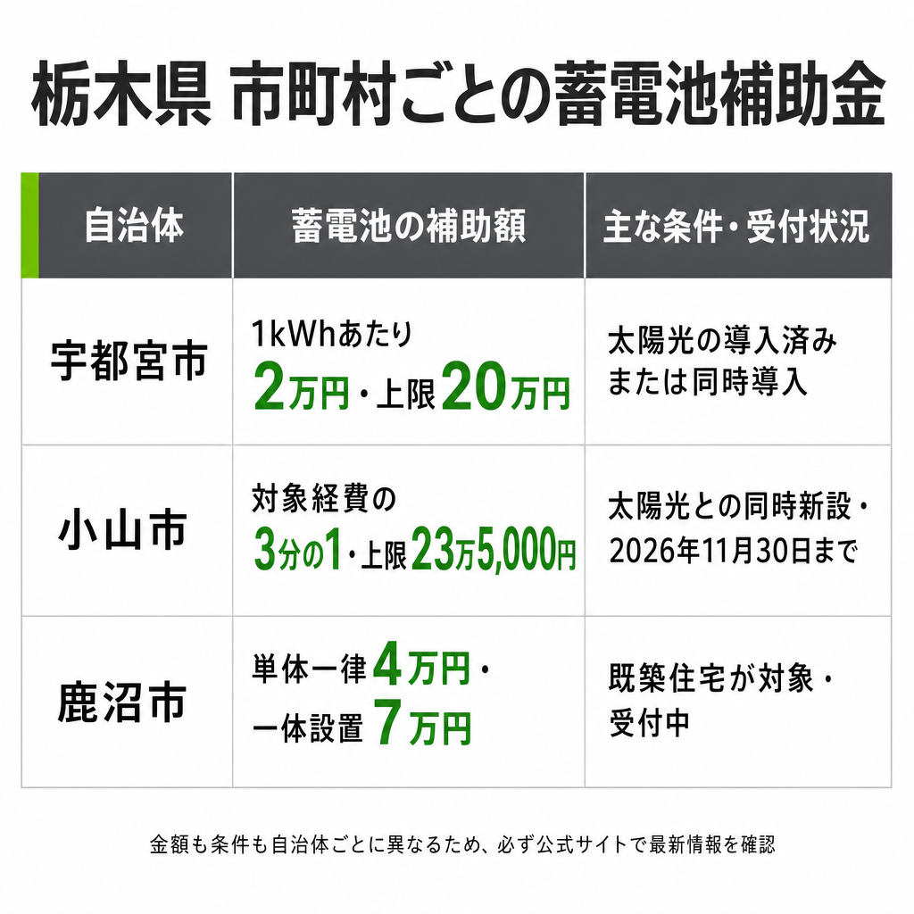宇都宮市の補助金は蓄電池2万円/kWh・上限20万円のイメージ画像