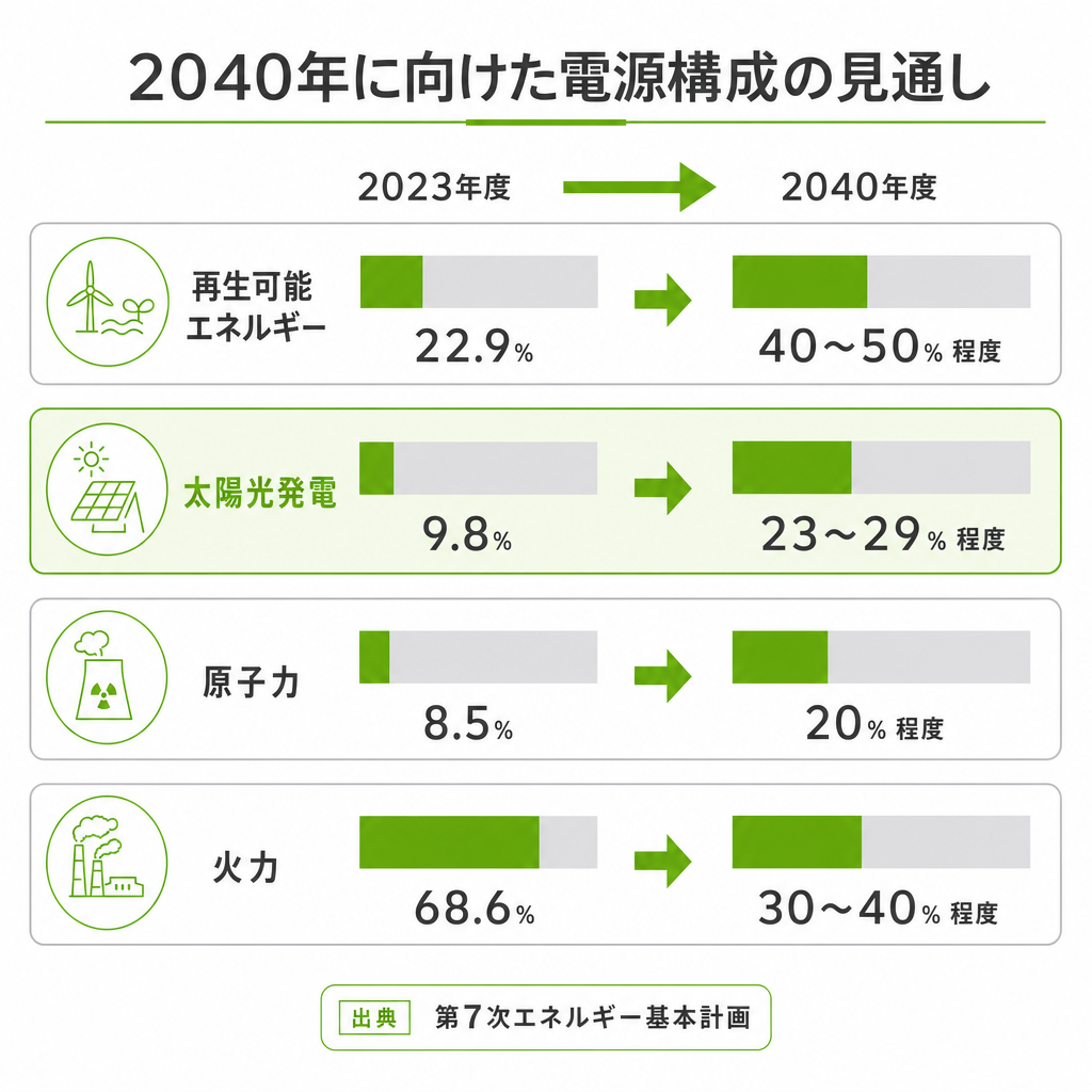国の方針は拡大方向 — 2040年に向けた電源構成の見通しのイメージ画像